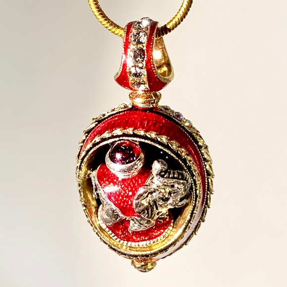 ELEPHANT STERLING SILVER Red Enamel Faberge Egg Pendant Garnets Swarovski Gold - Picture 2 of 4